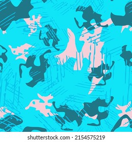 UFO camouflage of various shades of blue and pink colors. It is a colorful seamless pattern that can be used as a camo print for clothing and background and backdrop or computer wallpaper