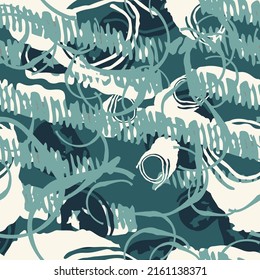 UFO camouflage of various shades of blue, green and beige colors. It is a colorful seamless pattern that can be used as a camo print for clothing and background and backdrop or computer wallpaper