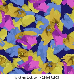 UFO camouflage of various shades of blue, yellow and pink colors. It is a colorful seamless pattern that can be used as a camo print for clothing and background and backdrop or computer wallpaper