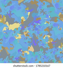 UFO camouflage of various shades of brown, beige, blue and violet colors. It is a colorful seamless pattern that can be used as a camo print for clothing and background and backdrop or computer wallpa