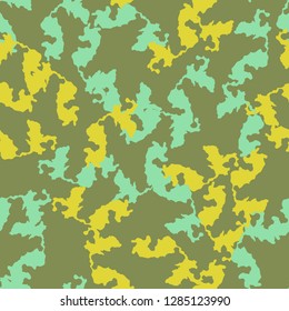 UFO camouflage of various shades of green, blue and yellow colors. It is a colorful seamless pattern that can be used as a camo print for clothing and background and backdrop or computer wallpaper