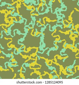 UFO camouflage of various shades of green, blue and yellow colors. It is a colorful seamless pattern that can be used as a camo print for clothing and background and backdrop or computer wallpaper