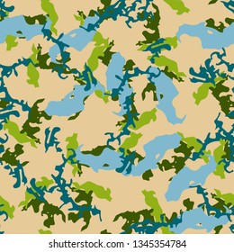 UFO camouflage of various shades of green, blue and beige colors. It is a colorful seamless pattern that can be used as a camo print for clothing and background and backdrop or computer wallpaper