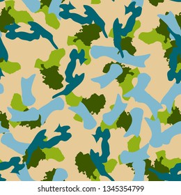UFO camouflage of various shades of green, blue and beige colors. It is a colorful seamless pattern that can be used as a camo print for clothing and background and backdrop or computer wallpaper