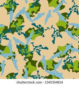 UFO camouflage of various shades of green, blue and beige colors. It is a colorful seamless pattern that can be used as a camo print for clothing and background and backdrop or computer wallpaper