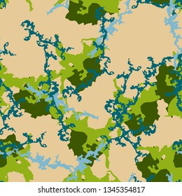 UFO camouflage of various shades of green, blue and beige colors. It is a colorful seamless pattern that can be used as a camo print for clothing and background and backdrop or computer wallpaper