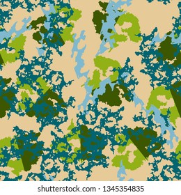 UFO camouflage of various shades of green, blue and beige colors. It is a colorful seamless pattern that can be used as a camo print for clothing and background and backdrop or computer wallpaper