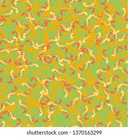 UFO camouflage of various shades of green and orange colors. It is a colorful seamless pattern that can be used as a camo print for clothing and background and backdrop or computer wallpaper