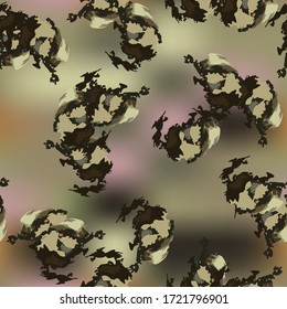 UFO camouflage of various shades of green, brown and pink colors. It is a colorful seamless pattern that can be used as a camo print for clothing and background and backdrop or computer wallpaper