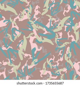 UFO camouflage of various shades of green, pink and brown colors. It is a colorful seamless pattern that can be used as a camo print for clothing and background and backdrop or computer wallpaper