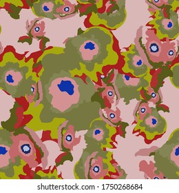 UFO camouflage of various shades of green, red, blue and pink colors. It is a colorful seamless pattern that can be used as a camo print for clothing and background and backdrop or computer wallpaper