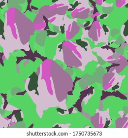 UFO camouflage of various shades of green, pink and violet colors. It is a colorful seamless pattern that can be used as a camo print for clothing and background and backdrop or computer wallpaper