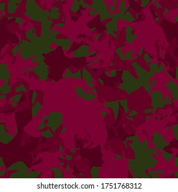 UFO camouflage of various shades of green, red and wine colors. It is a colorful seamless pattern that can be used as a camo print for clothing and background and backdrop or computer wallpaper
