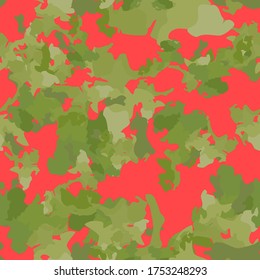 UFO camouflage of various shades of green and red colors. It is a colorful seamless pattern that can be used as a camo print for clothing and background and backdrop or computer wallpaper