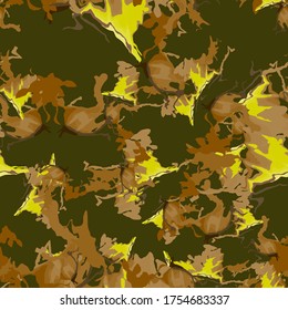 UFO camouflage of various shades of green, yellow and brown colors. It is a colorful seamless pattern that can be used as a camo print for clothing and background and backdrop or computer wallpaper