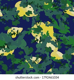 UFO camouflage of various shades of green, yellow and blue colors. It is a colorful seamless pattern that can be used as a camo print for clothing and background and backdrop or computer wallpaper