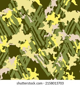 UFO camouflage of various shades of green, yellow and beige colors. It is a colorful seamless pattern that can be used as a camo print for clothing and background and backdrop or computer wallpaper