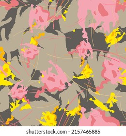 UFO camouflage of various shades of grey, pink, yellow and orange colors. It is a colorful seamless pattern that can be used as a camo print for clothing and background and backdrop or computer wallpa