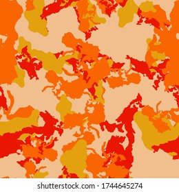 UFO camouflage of various shades of orange, yellow and pink colors. It is a colorful seamless pattern that can be used as a camo print for clothing and background and backdrop or computer wallpaper