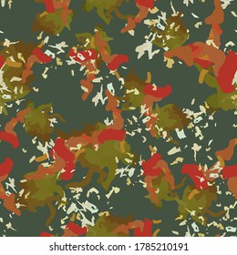 UFO camouflage of various shades of orange, brown and green colors. It is a colorful seamless pattern that can be used as a camo print for clothing and background and backdrop or computer wallpaper