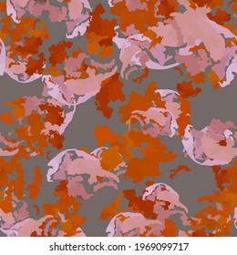 UFO camouflage of various shades of orange, pink and grey colors. It is a colorful seamless pattern that can be used as a camo print for clothing and background and backdrop or computer wallpaper