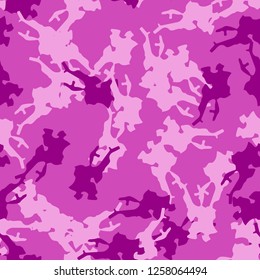 UFO camouflage of various shades of pink and purple colors. It is a colorful seamless pattern that can be used as a camo print for clothing and background and backdrop or computer wallpaper