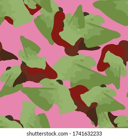 UFO camouflage of various shades of pink, red and green colors. It is a colorful seamless pattern that can be used as a camo print for clothing and background and backdrop or computer wallpaper