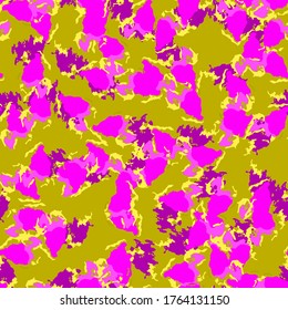 UFO camouflage of various shades of pink, yellow and violet colors. It is a colorful seamless pattern that can be used as a camo print for clothing and background and backdrop or computer wallpaper