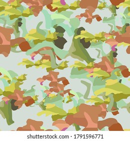 UFO camouflage of various shades of pink, green and brown colors. It is a colorful seamless pattern that can be used as a camo print for clothing and background and backdrop or computer wallpaper