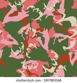 UFO camouflage of various shades of pink, red, green and beige colors. It is a colorful seamless pattern that can be used as a camo print for clothing and background and backdrop or computer wallpaper