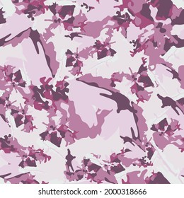 UFO camouflage of various shades of pink, violet and white colors. It is a colorful seamless pattern that can be used as a camo print for clothing and background and backdrop or computer wallpaper