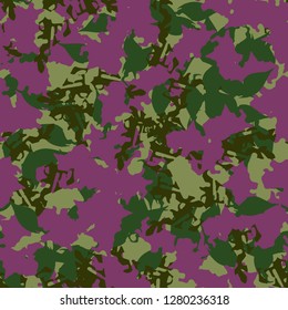 UFO camouflage of various shades of purple and green colors. It is a colorful seamless pattern that can be used as a camo print for clothing and background and backdrop or computer wallpaper