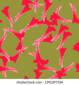 UFO camouflage of various shades of red, green and pink colors. It is a colorful seamless pattern that can be used as a camo print for clothing and background and backdrop or computer wallpaper