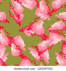 UFO camouflage of various shades of red, green and pink colors. It is a colorful seamless pattern that can be used as a camo print for clothing and background and backdrop or computer wallpaper