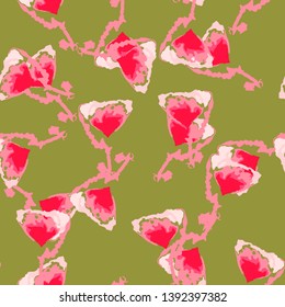 UFO camouflage of various shades of red, green and pink colors. It is a colorful seamless pattern that can be used as a camo print for clothing and background and backdrop or computer wallpaper