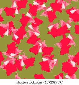UFO camouflage of various shades of red, green and pink colors. It is a colorful seamless pattern that can be used as a camo print for clothing and background and backdrop or computer wallpaper