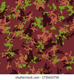 UFO camouflage of various shades of red, brown and green colors. It is a colorful seamless pattern that can be used as a camo print for clothing and background and backdrop or computer wallpaper