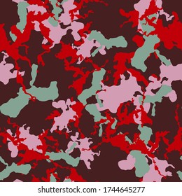 UFO camouflage of various shades of red, pink and green colors. It is a colorful seamless pattern that can be used as a camo print for clothing and background and backdrop or computer wallpaper