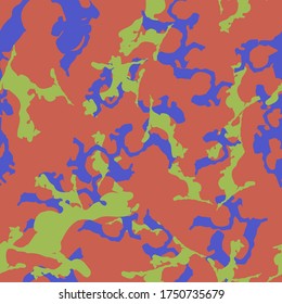 UFO camouflage of various shades of red, blue and green colors. It is a colorful seamless pattern that can be used as a camo print for clothing and background and backdrop or computer wallpaper