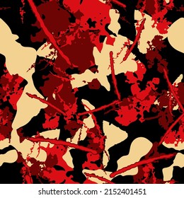 UFO camouflage of various shades of red, beige and black colors. It is a colorful seamless pattern that can be used as a camo print for clothing and background and backdrop or computer wallpaper