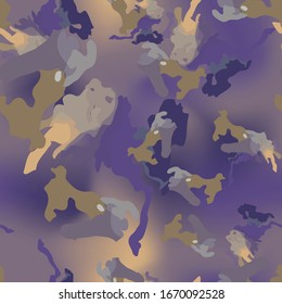 UFO camouflage of various shades of violet, yellow and beige colors. It is a colorful seamless pattern that can be used as a camo print for clothing and background and backdrop or computer wallpaper