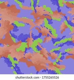 UFO camouflage of various shades of violet, brown and green colors. It is a colorful seamless pattern that can be used as a camo print for clothing and background and backdrop or computer wallpaper