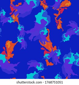 UFO camouflage of various shades of violet, blue and orange colors. It is a colorful seamless pattern that can be used as a camo print for clothing and background and backdrop or computer wallpaper