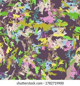 UFO camouflage of various shades of violet, green, blue, pink and yellow colors. It is a colorful seamless pattern that can be used as a camo print for clothing and background and backdrop or computer