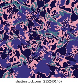 UFO camouflage of various shades of violet, pink and blue colors. It is a colorful seamless pattern that can be used as a camo print for clothing and background and backdrop or computer wallpaper