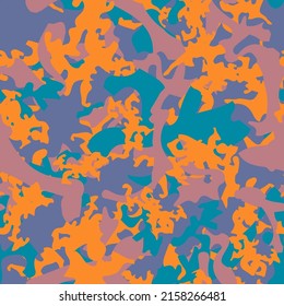 UFO camouflage of various shades of violet, orange and blue colors. It is a colorful seamless pattern that can be used as a camo print for clothing and background and backdrop or computer wallpaper