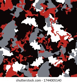UFO camouflage of various shades of white, red, black and grey colors. It is a colorful seamless pattern that can be used as a camo print for clothing and background and backdrop or computer wallpaper