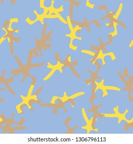 UFO camouflage of various shades of yellow, brown and blue colors. It is a colorful seamless pattern that can be used as a camo print for clothing and background and backdrop or computer wallpaper