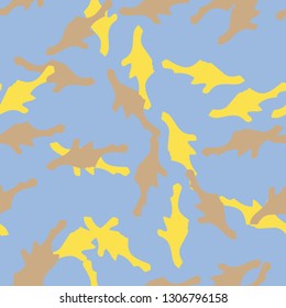 UFO camouflage of various shades of yellow, brown and blue colors. It is a colorful seamless pattern that can be used as a camo print for clothing and background and backdrop or computer wallpaper