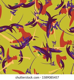 UFO camouflage of various shades of yellow, violet, brown and red colors. It is a colorful seamless pattern that can be used as a camo print for clothing and background and backdrop or wallpaper